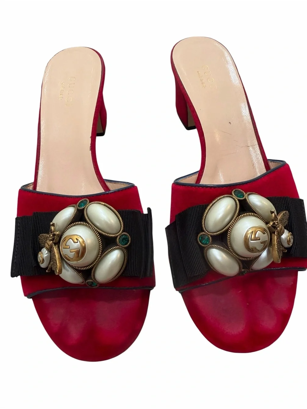 Gucci Red Velvet Bee Pearl Crystal Slide Sandals Heels
